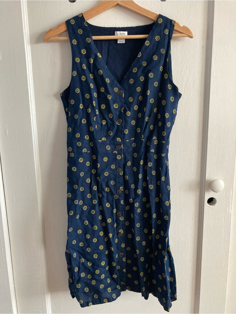 J. Crew Navy Button-Front Sleeveless Dress with Yellow Daisy Print